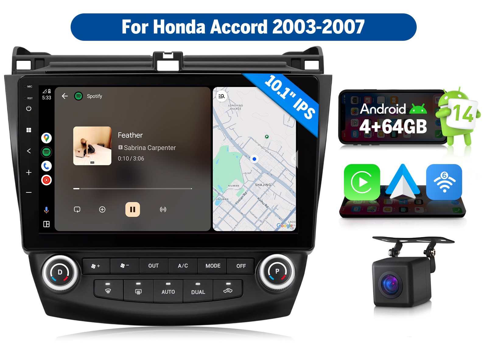 10.1″ IPS Touch Screen Android 14 4+64 Car Radio Stereo CarPlay for Accord 03-07