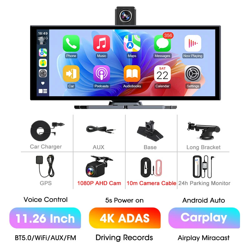 11.26″ 4K ADAS Dash Cam Display Wireless CarPlay Screen DVR Dual Recording Night