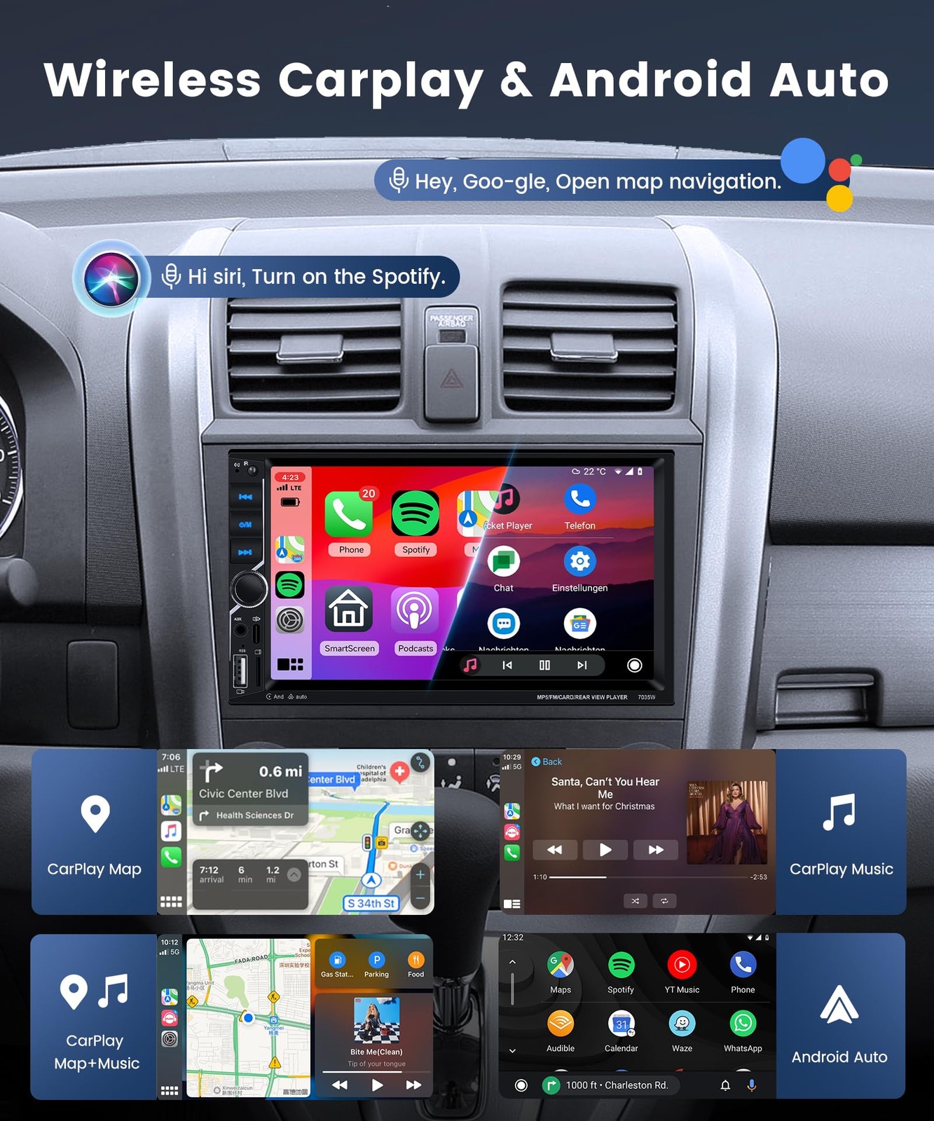 podofo Double Din Car Stereo with Wireless Carplay Android Auto – Mirror Link