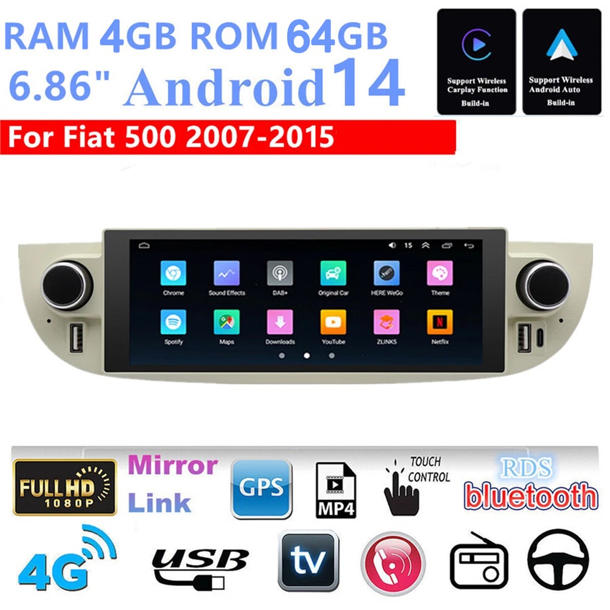 32G For Fiat 500 2009-2015 Carplay Android 15 Car Stereo Radio GPS Navi BT +CAM