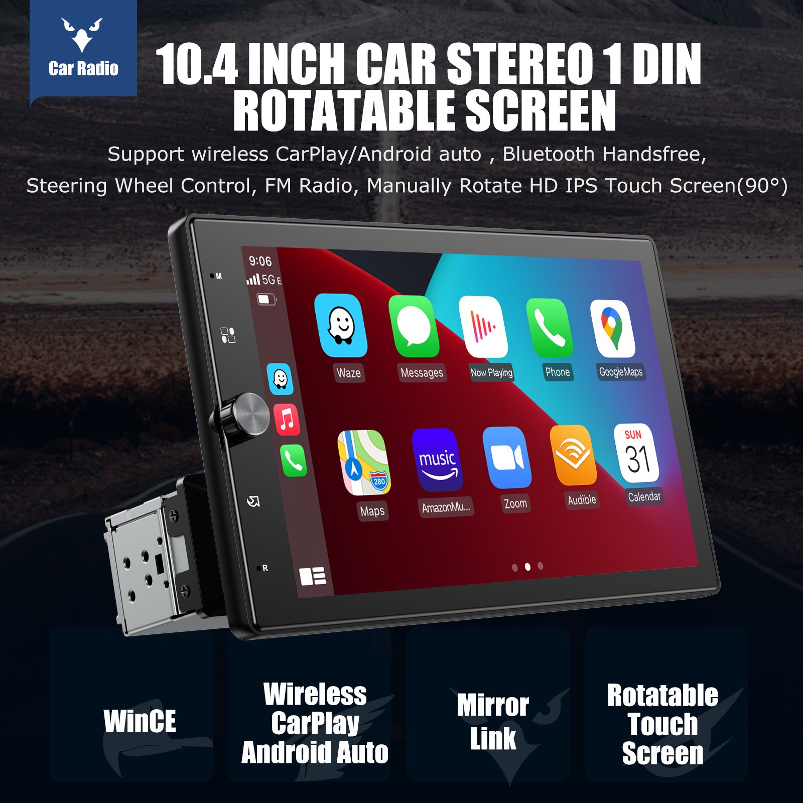 1 DIN 10.4″ Wireless Apple Carplay Car Stereo Head Unit Rotatable Screen Radio