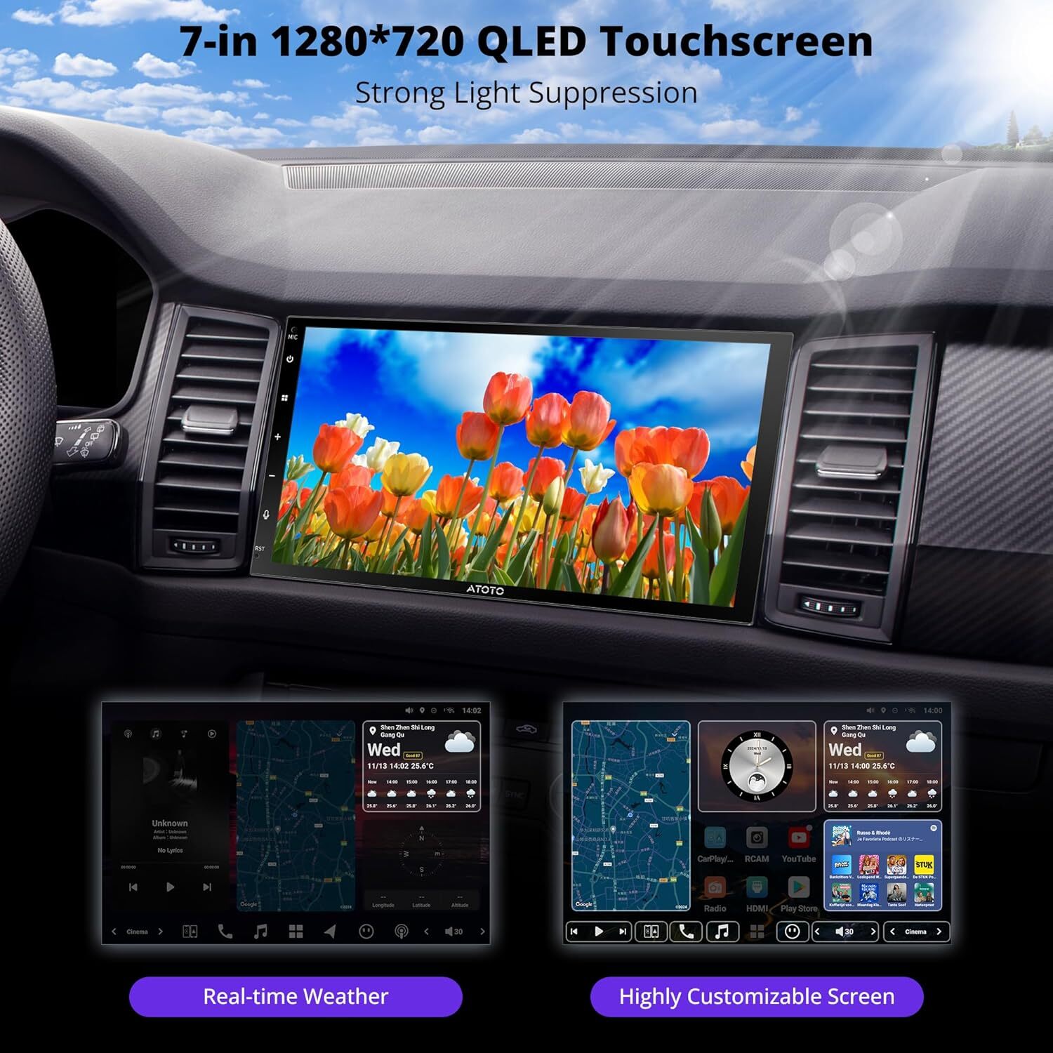 Wireless CarPlay/Android Auto Car Stereo 7″ QLED HD Touchscreen GPS, Wi-Fi 8+128