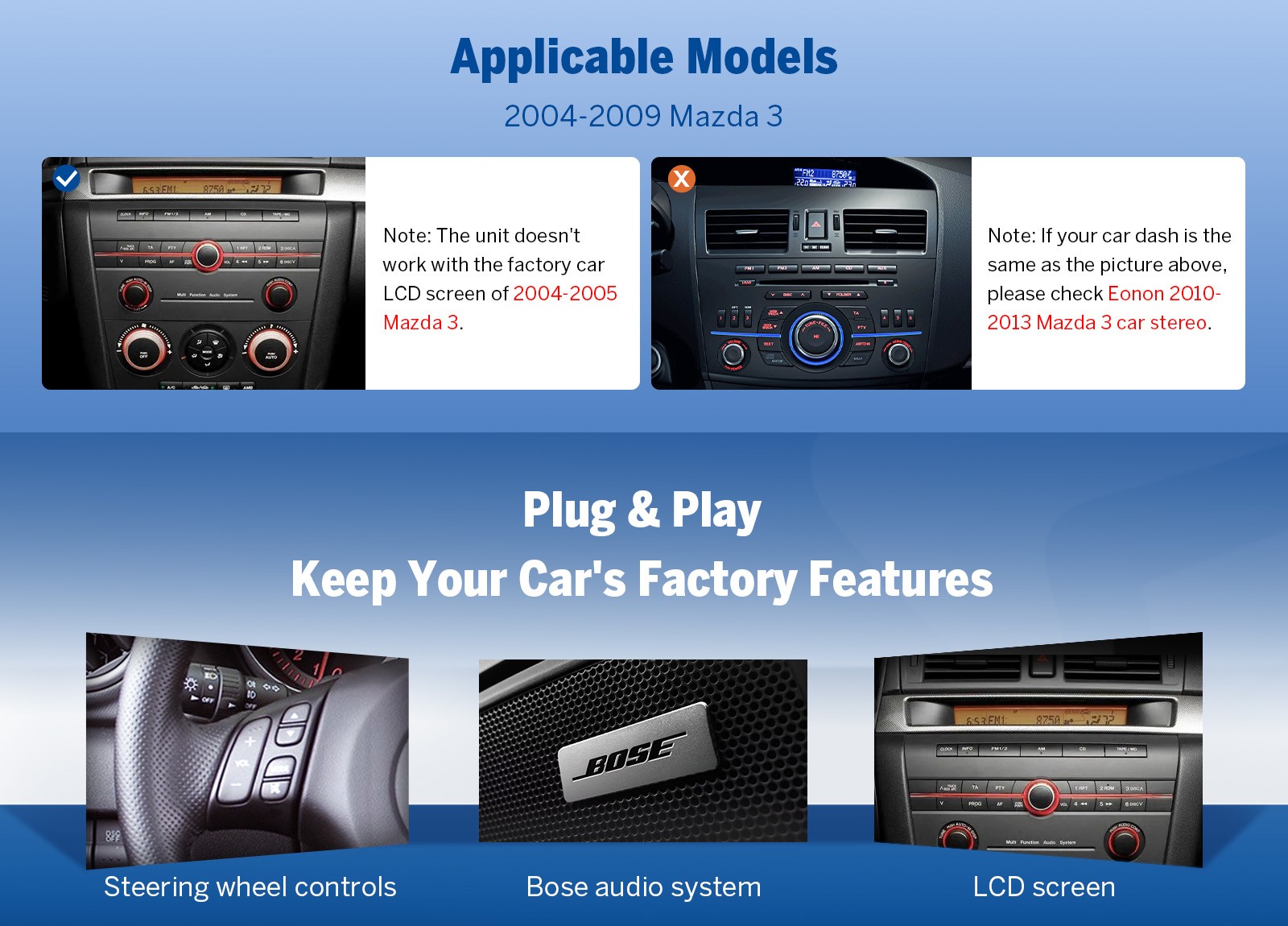 For mazda3 2004-2009 Android 13 9″ QLED 6+64 Car Stereo CarPlay Bose Support SWC