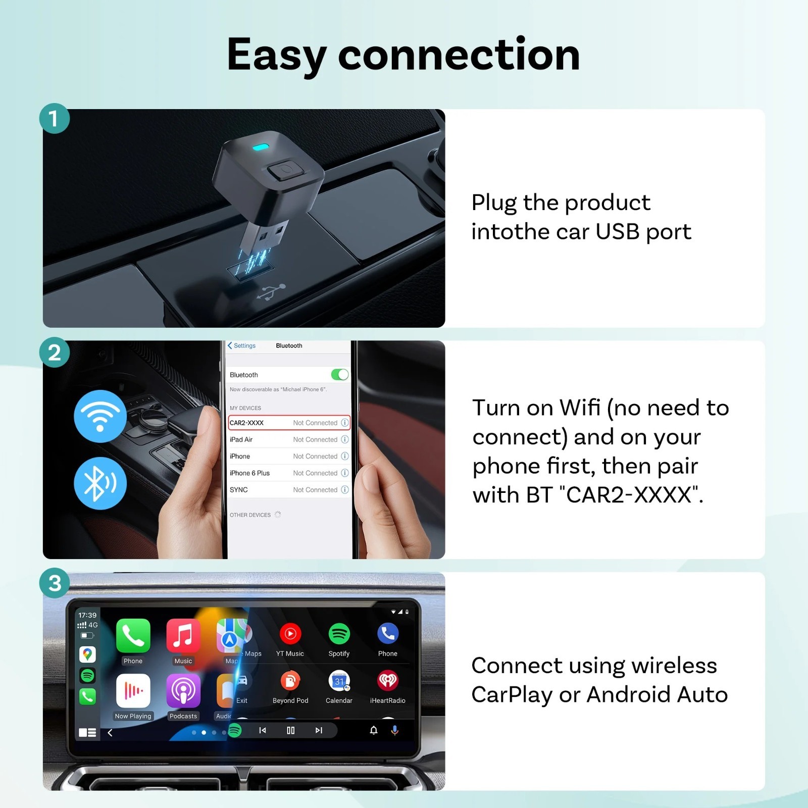 2in1 Ottocast MINI Dot Wireless CarPlay+Android Auto Adapter 5s Auto Connection