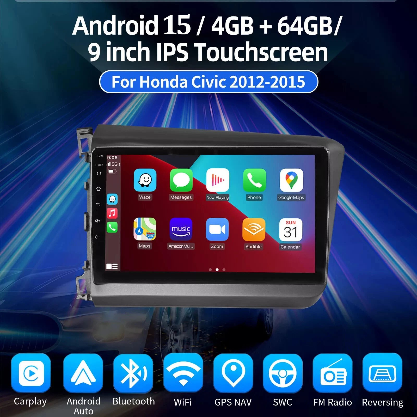 For 2012-2015 Honda Civic Apple Carplay Car Stereo Radio Android 15.0 GPS 4+64GB