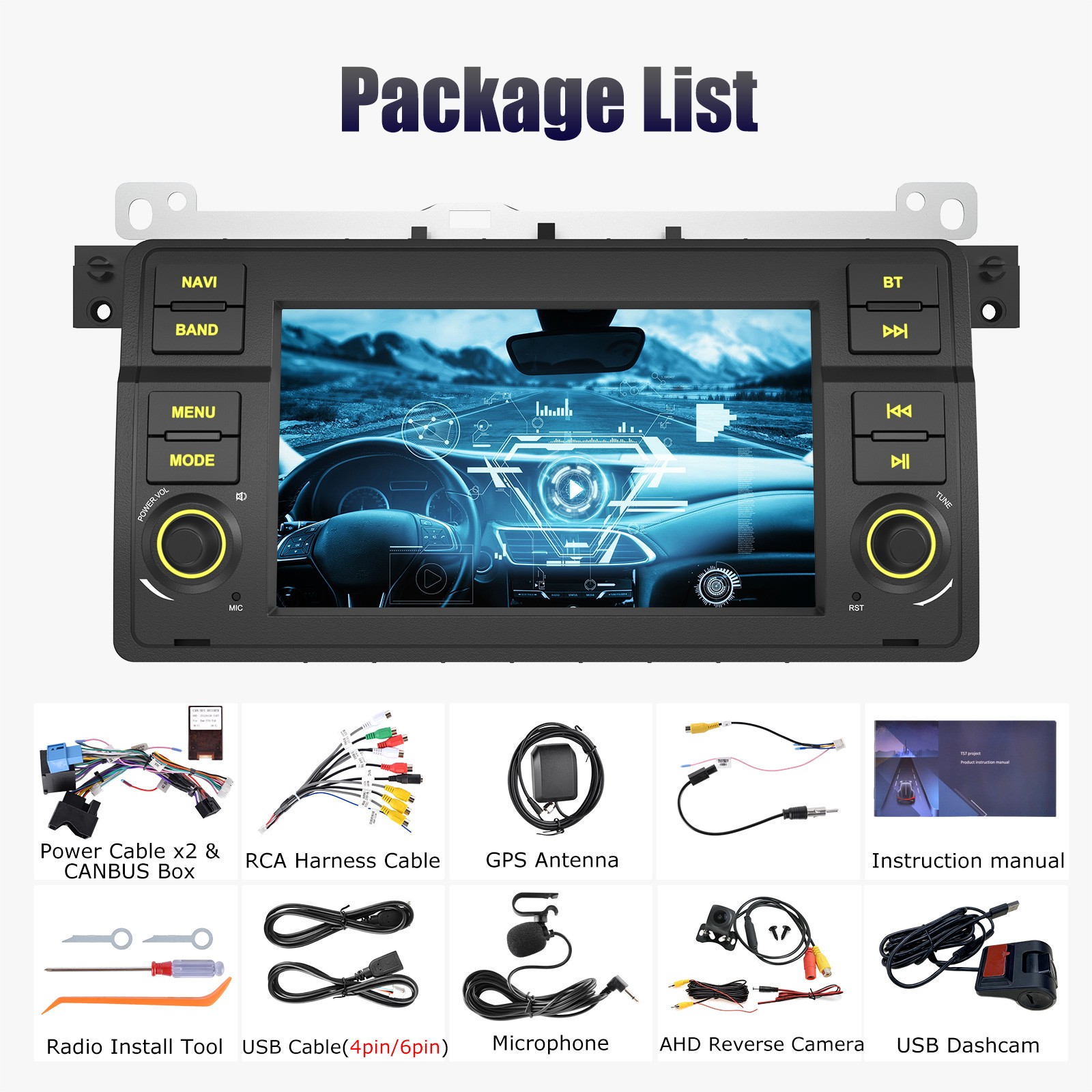 DVR+ CarPlay 7″ Android 15 Car Stereo Radio Head Unit+AHD For BMW 3-Series E46
