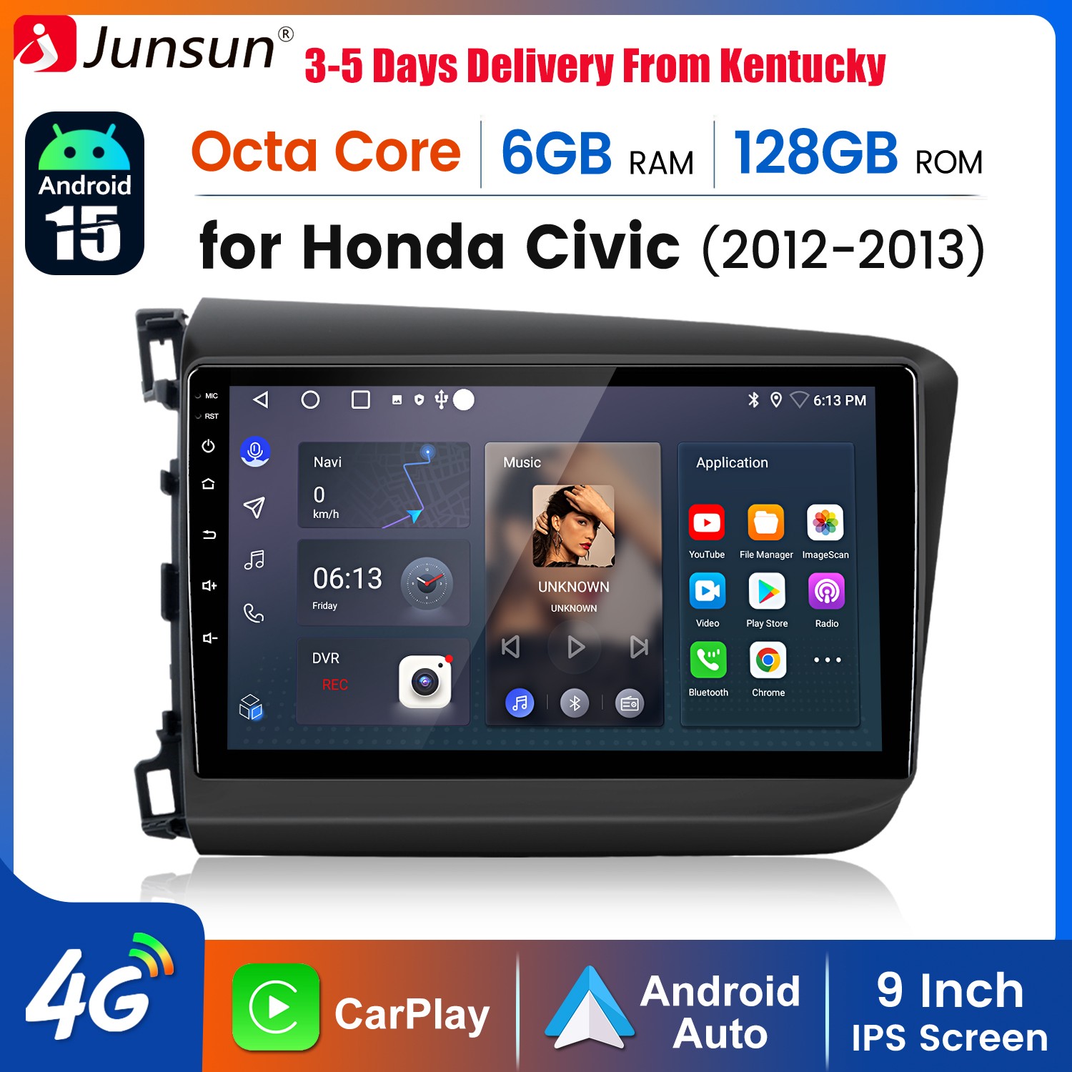 6+128GB Carplay Android15 For Honda Civic 2012-2015 Car Stereo Radio GPS Navi BT