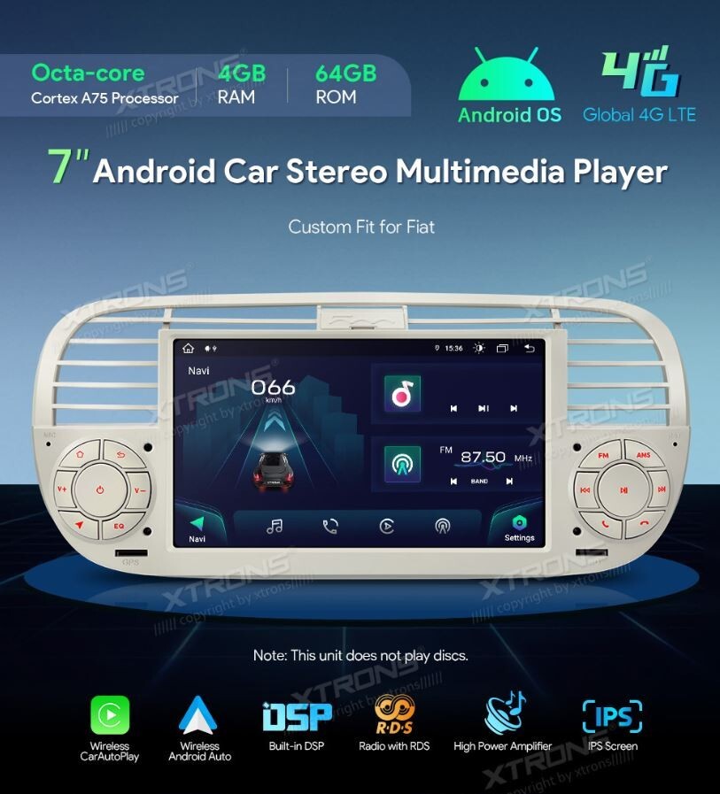 WHITE CAR TABLET for Fiat 500 car radio Android 14 4G RAM + 64G ROM wi-fi GPS7″