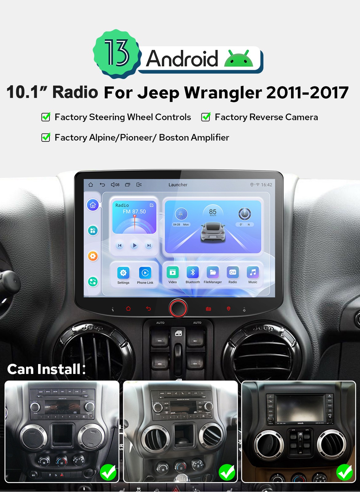 Android 13 Radio10.1 Inch for 2011-2017 Jeep Wrangler JK Support Alpine AMP/SWC