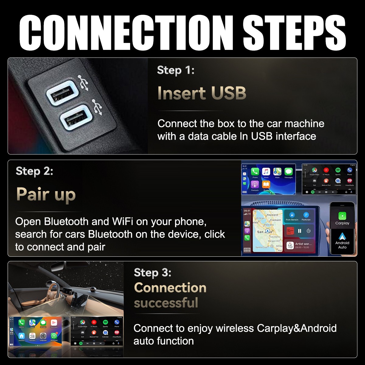For iPhone Wireless Dongle Plug ＆ Play USB Auto Wireless CarPlay Adapter 2 in 1