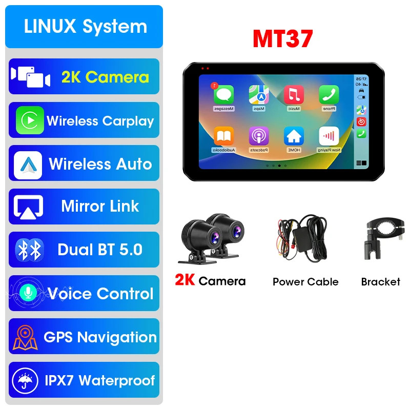 5.5″ Motorcycle DVR 2K Dual Camera GPS Navigation Wireless Carplay Android Auto