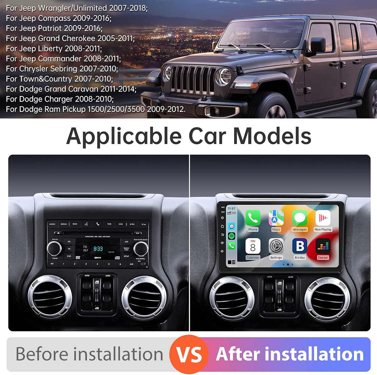 For Jeep Wrangler 3 JK 2007-2016 10.1″ 2+32G Android 13 Car Radio Stereo Carplay