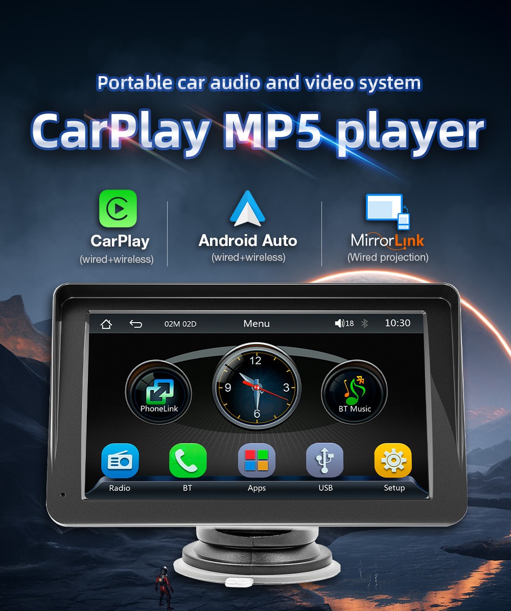 7″ Portable Car Stereo Radio Wireless Apple CarPlay Android Auto Touch Screen