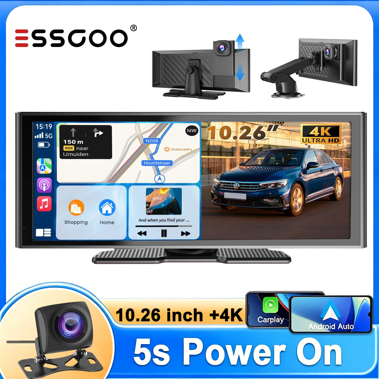 10.26″ 2K Car Portable Wireless Apple CarPlay Android Touch Screen Radio FM +DVR