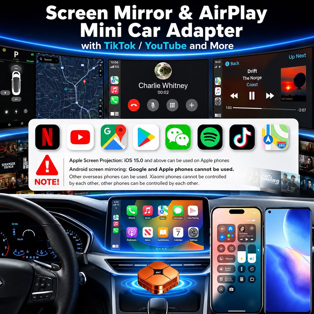 4-in-1 Screen Mirroring Wireless CarPlay Adapter Android Auto AirPlay USB Dongle