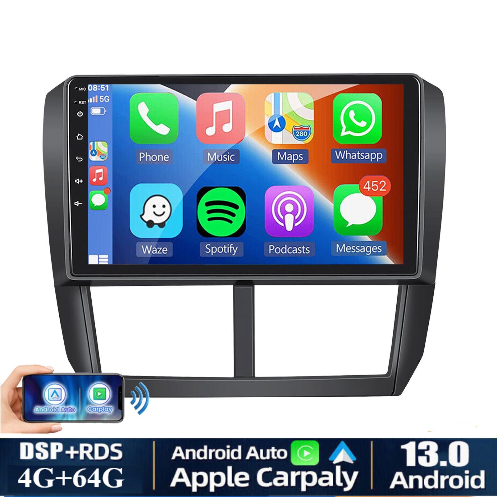 64GB Android 13 Car Stereo Radio Carplay GPS Navi for 2008-2012 Subaru Forester