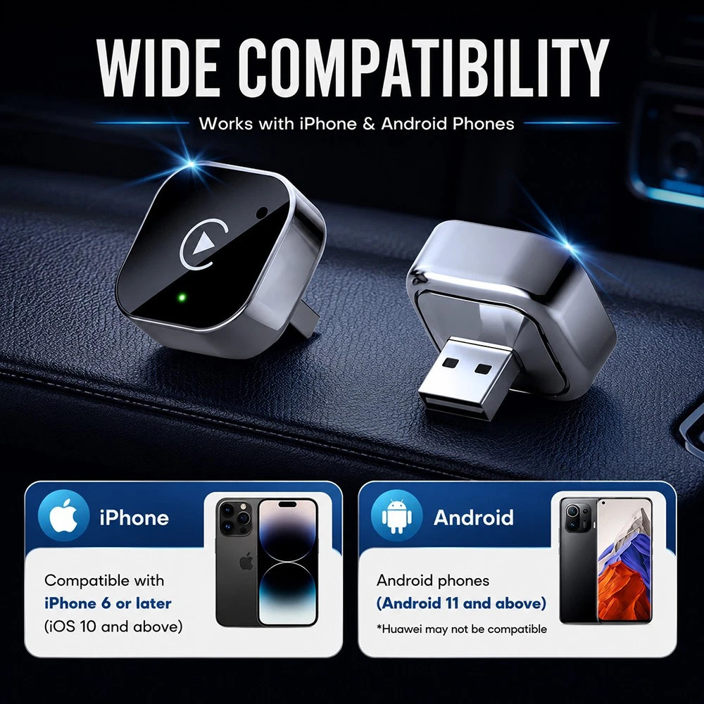 2-in-1 Wired to Wireless CarPlay & Android Auto Adapter USB Dongle Plug & Play