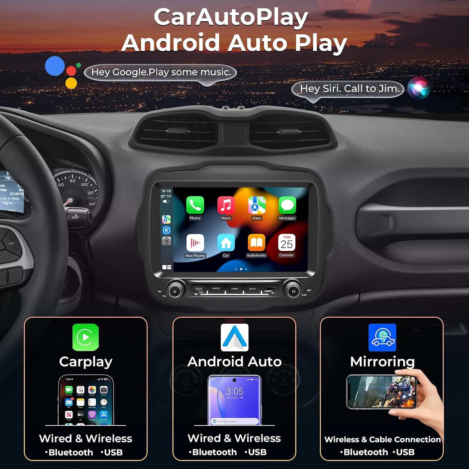 Car Stereo for Jeep Renegade 2015–2023 Wireless CarPlay & Android Auto AM/FM/RDS