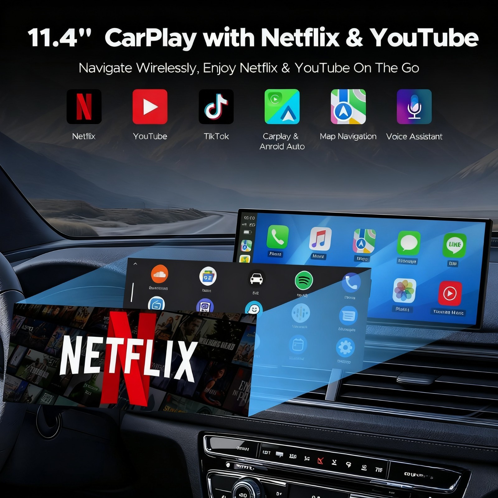 GetPairr 11.4″ Car Screen Display YouTube Netflix Wireless CarPlay Android Auto