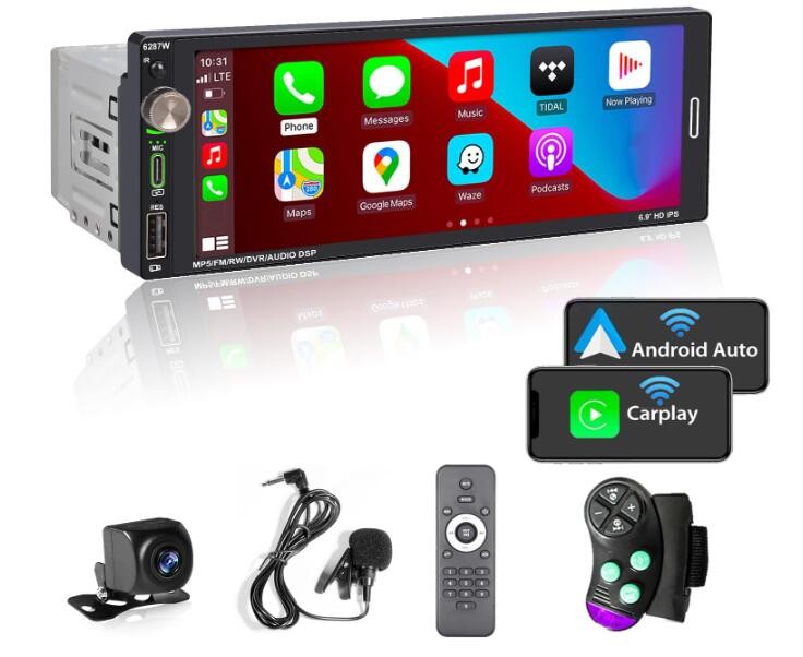 Single DIN 6.9″ Wireless Apple CarPlay Android Auto Car Radio Stereo Bluetooth