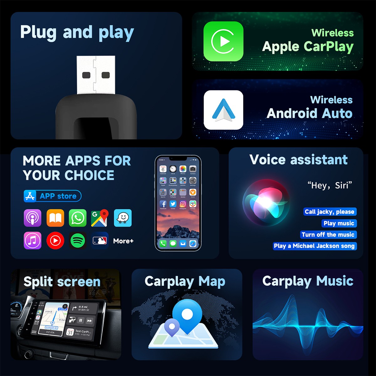 World’s Smallest 2-in-1 CarPlay Android Auto Wireless Adapter 5.8GHz WiFi BT5.0