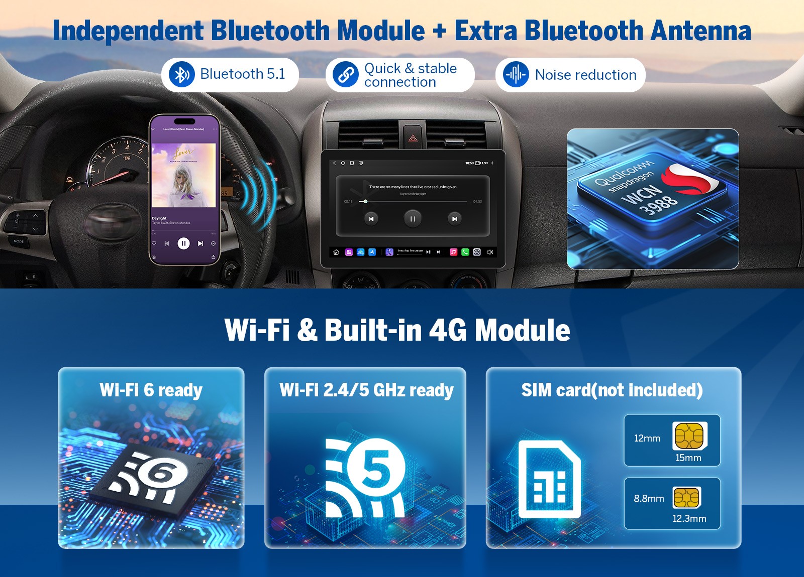 10.1 inch Android 13 Car Stereo 2 DIN GPS Navi WIFI Rotatable Screen Head Unit E