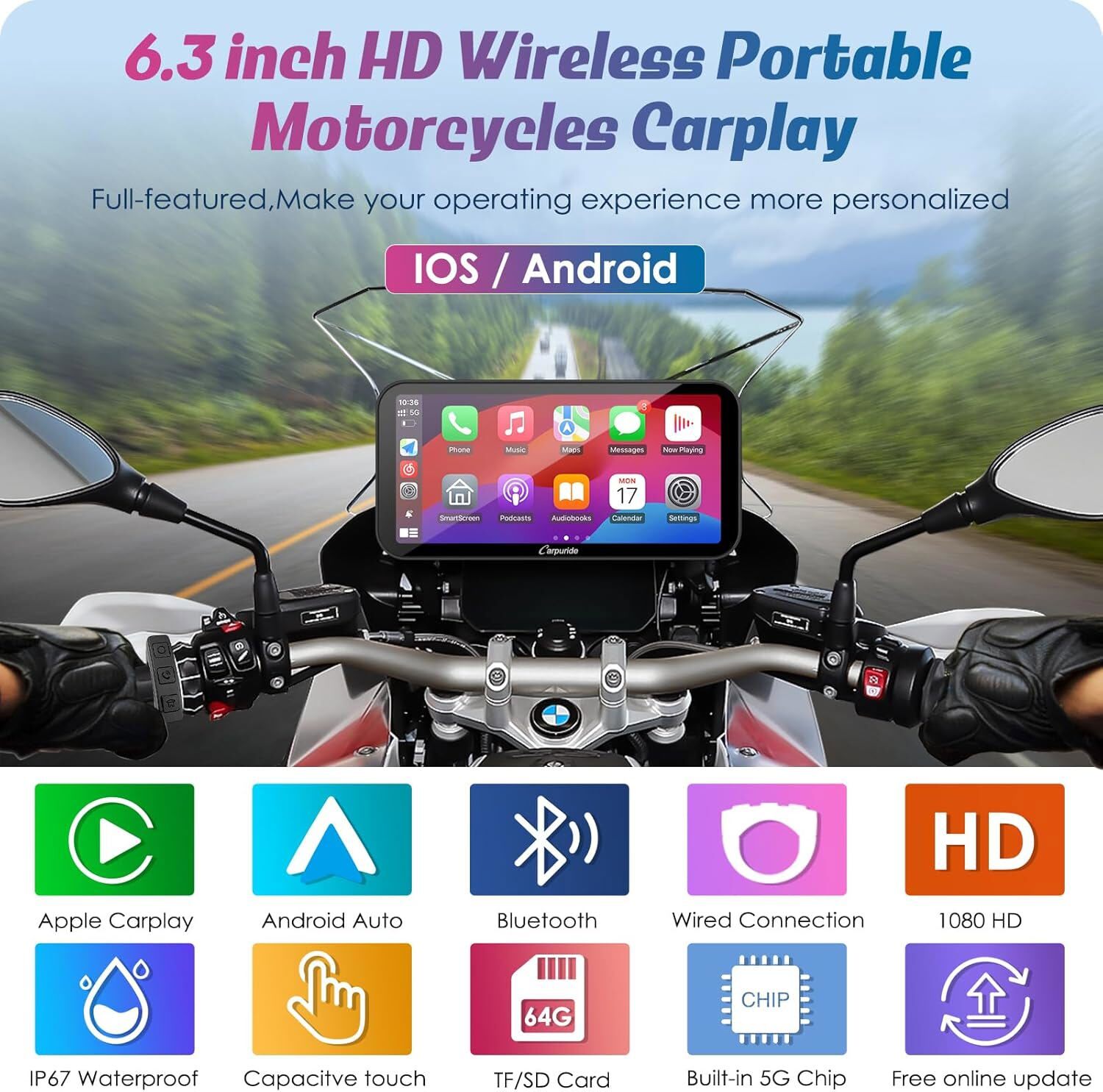Carpuride W603B Moto Carplay Waterproof Touchscreen Carplay Android Auto GPS Nav