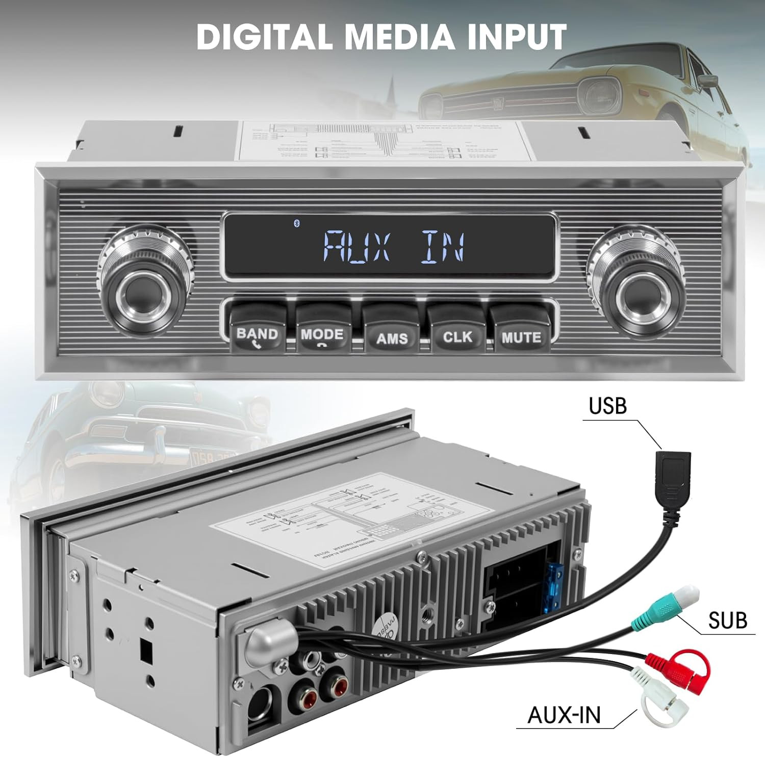 Single Din Car Radio MP3 Player Bluetooth FM AUX USB Retro In-Dash Stereo
