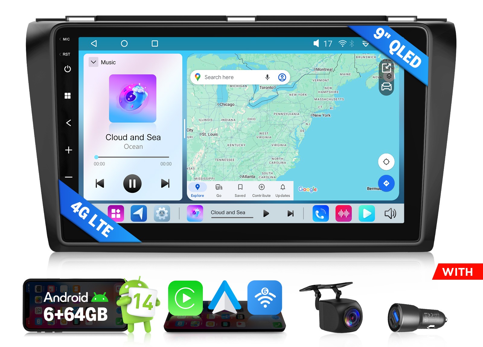 9″ QLED Touch Screen 6+64 Android Auto 14 Car Stereo Radio GPS for Mazda 3 04-09