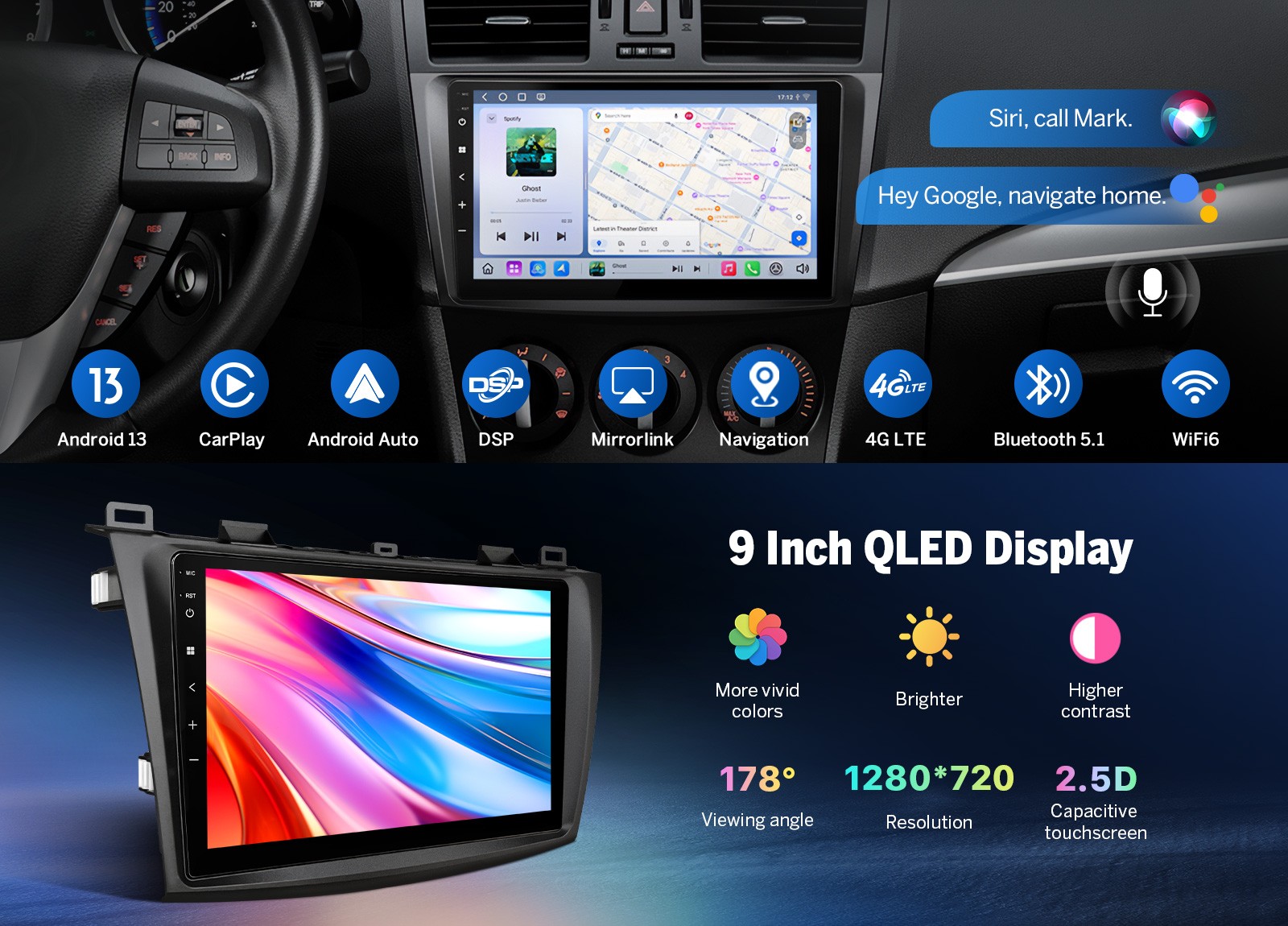 CAM+DVR+OBD+For Mazda 3 2010-2013 Android 13 6+64 9″ Car Stereo Radio DSP 4G LTE