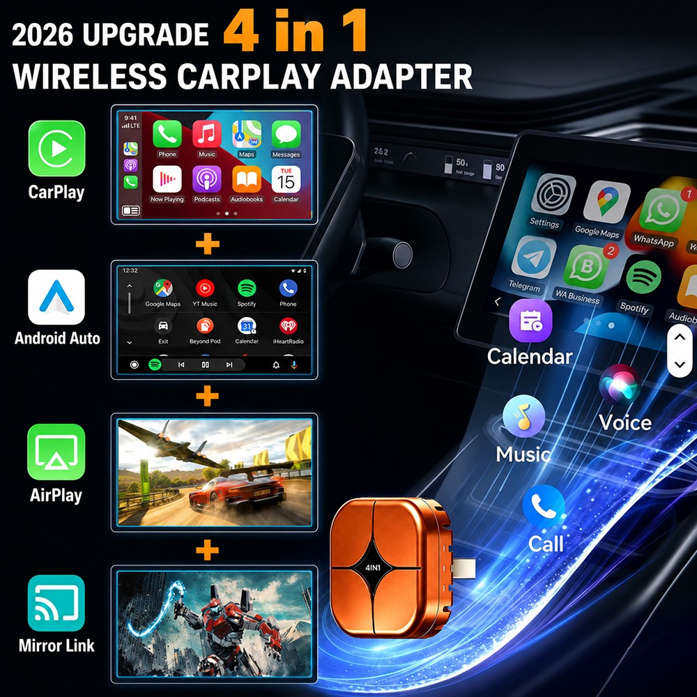 4-in-1 Screen Mirroring Wireless CarPlay Adapter Android Auto AirPlay USB Dongle