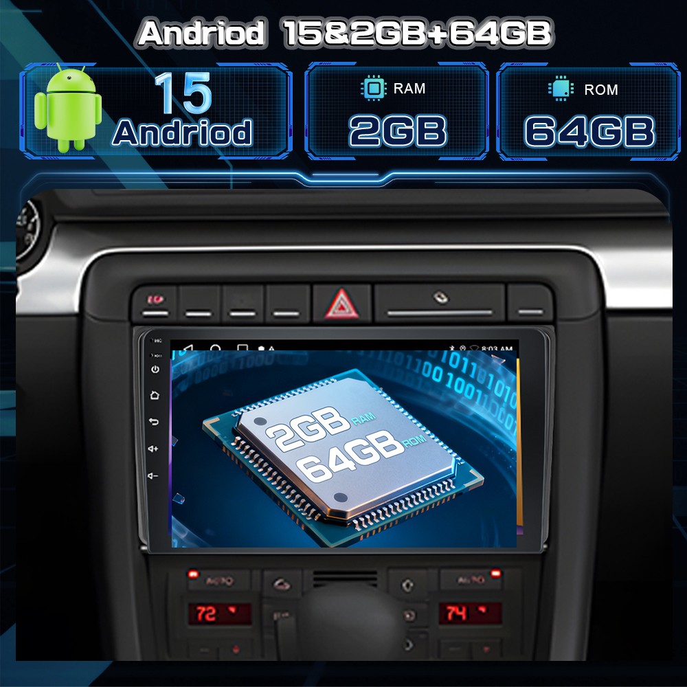 9″ Android 15 Apple Carplay Car Stereo Radio GPS Wifi Navi For Audi A4 2002-2008