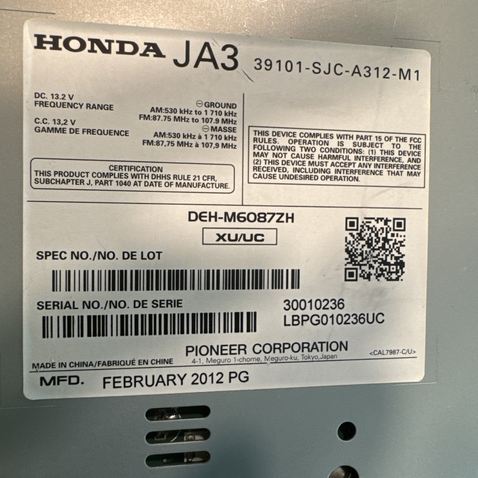 Honda JA3 Pioneer OEM Stereo 2012 Ridgeline DEH-M6087ZH/MP3-WMA/3BS3 W/ Bracket