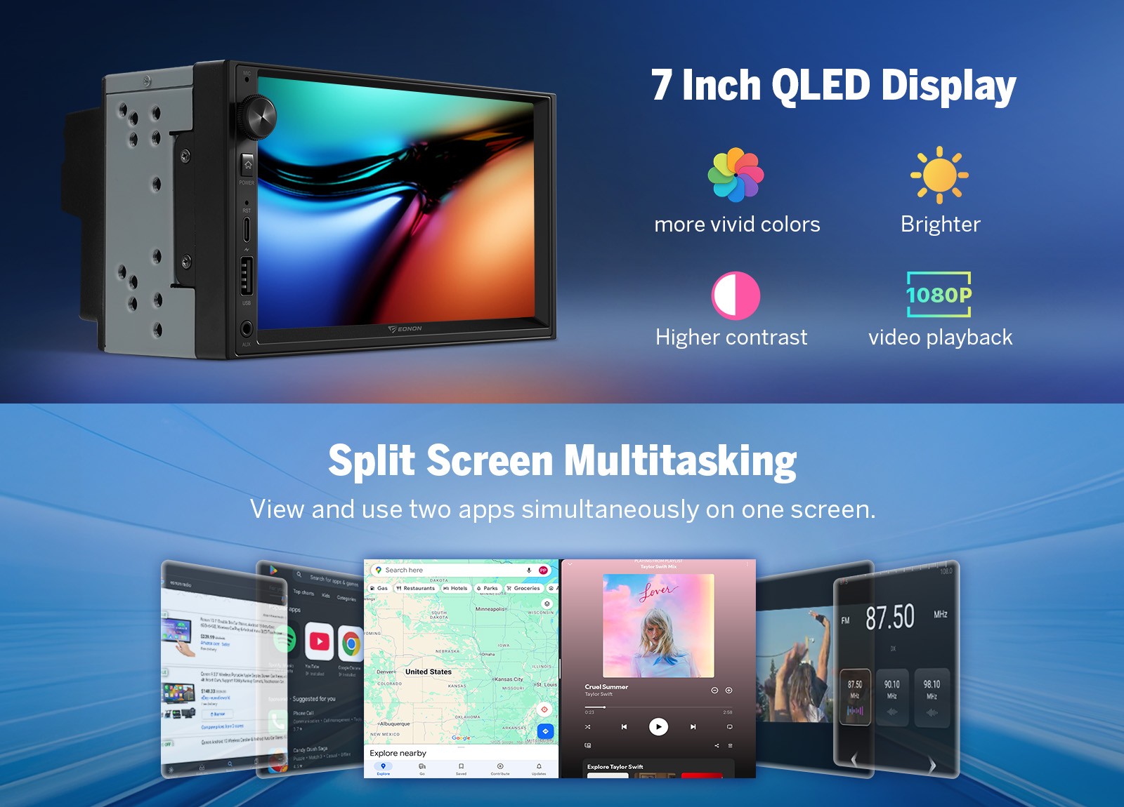 7″ QLED Touch Screen Android 13 6+64 8-Core 2Din Car Stereo CarPlay GPS Radio 4G