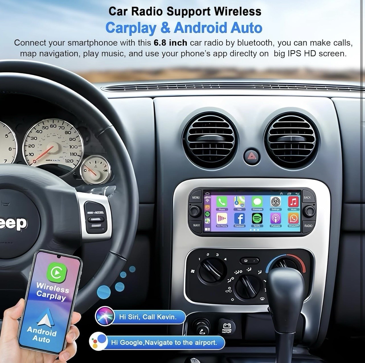 Car Stereo Radio 2002-2006 Ram Wrangler 6.8” Touchscreen CarPlay GPS
