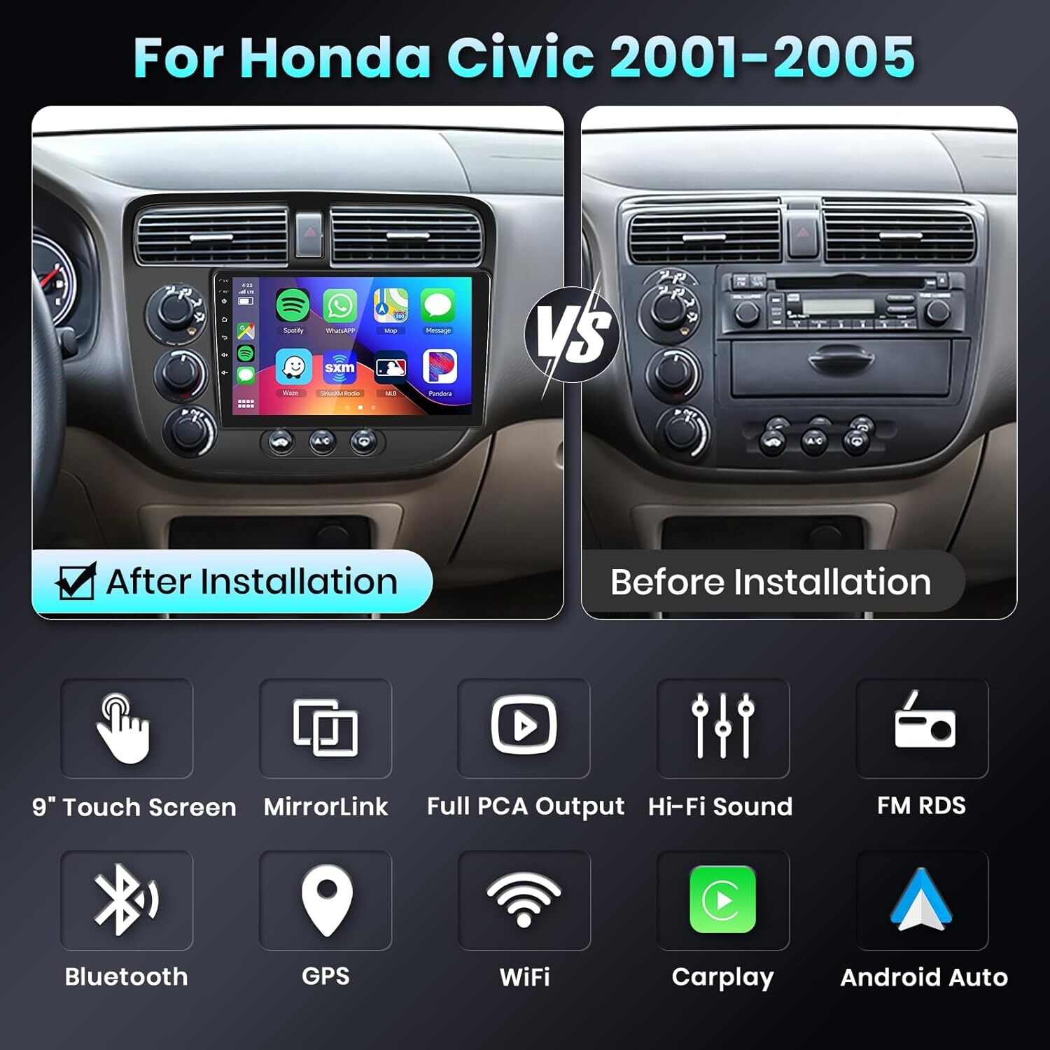 2+32G For Honda Civic 2000-05 Carplay 9” Car Stereo Radio Android15 NAVI FM RDS
