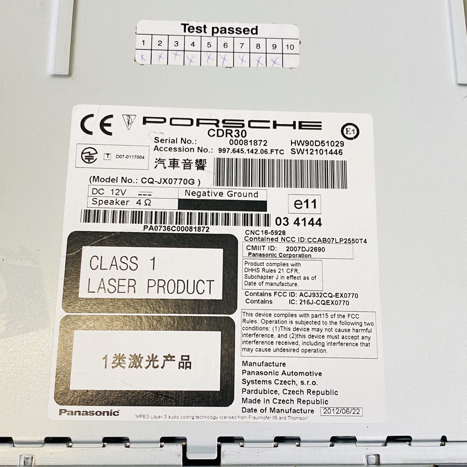 Porsche CDR30 CQ-JX0770G Radio CD Player OEM 2009-2012 Cayman Boxster 911 977