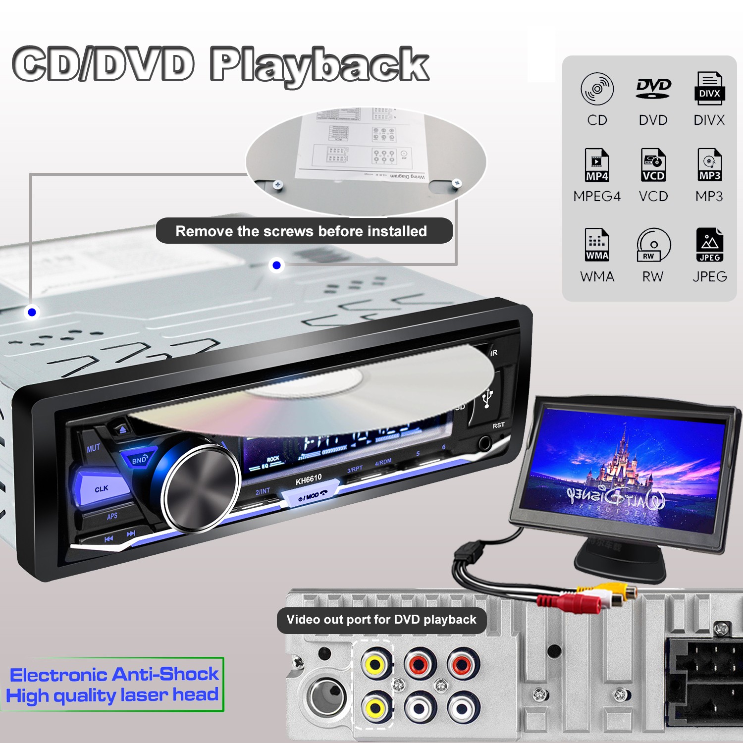 Single 1 Din Car Radio Audio Stereo DVD CD MP3 Player Bluetooth USB/AUX/SD/FM
