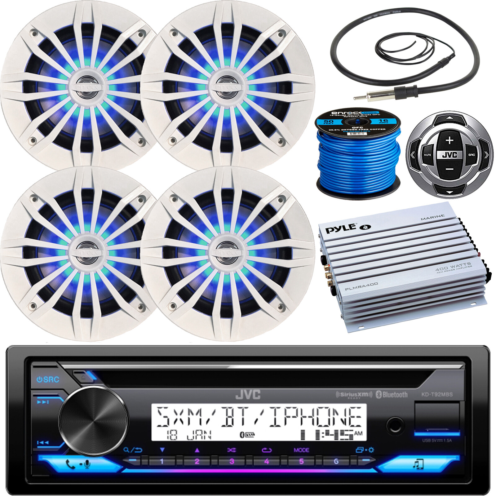 JVC KD-T92MBS Receiver, Remote, 4 x 6.5″ White LED Speakers, Amp, Antenna, Wire
