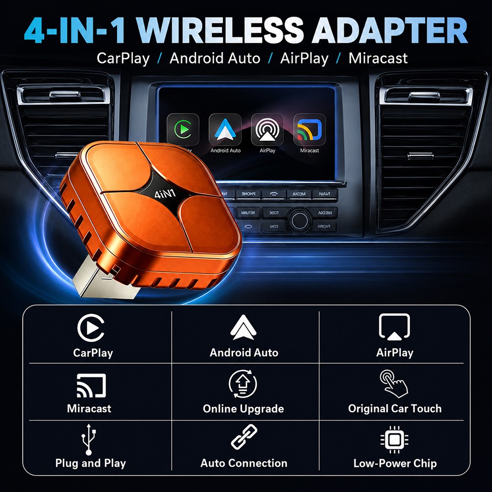 4-in-1 Screen Mirroring Wireless CarPlay Adapter Android Auto AirPlay USB Dongle
