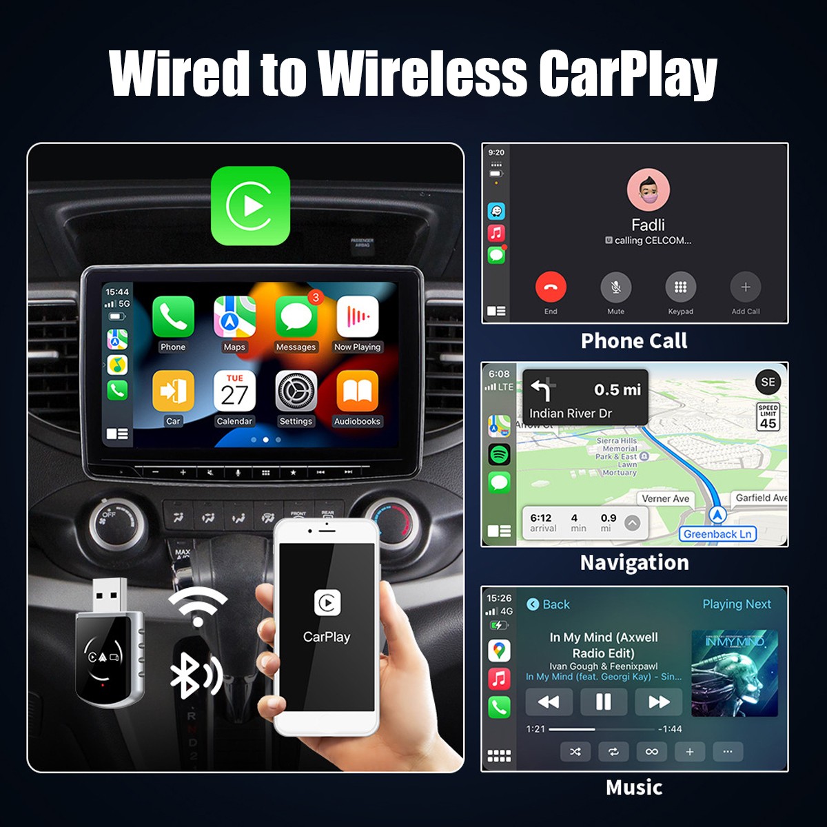 4 in 1 Wireless CarPlay Android Auto Adapter 5GHz WiFi USB & Type-C Plug & Play
