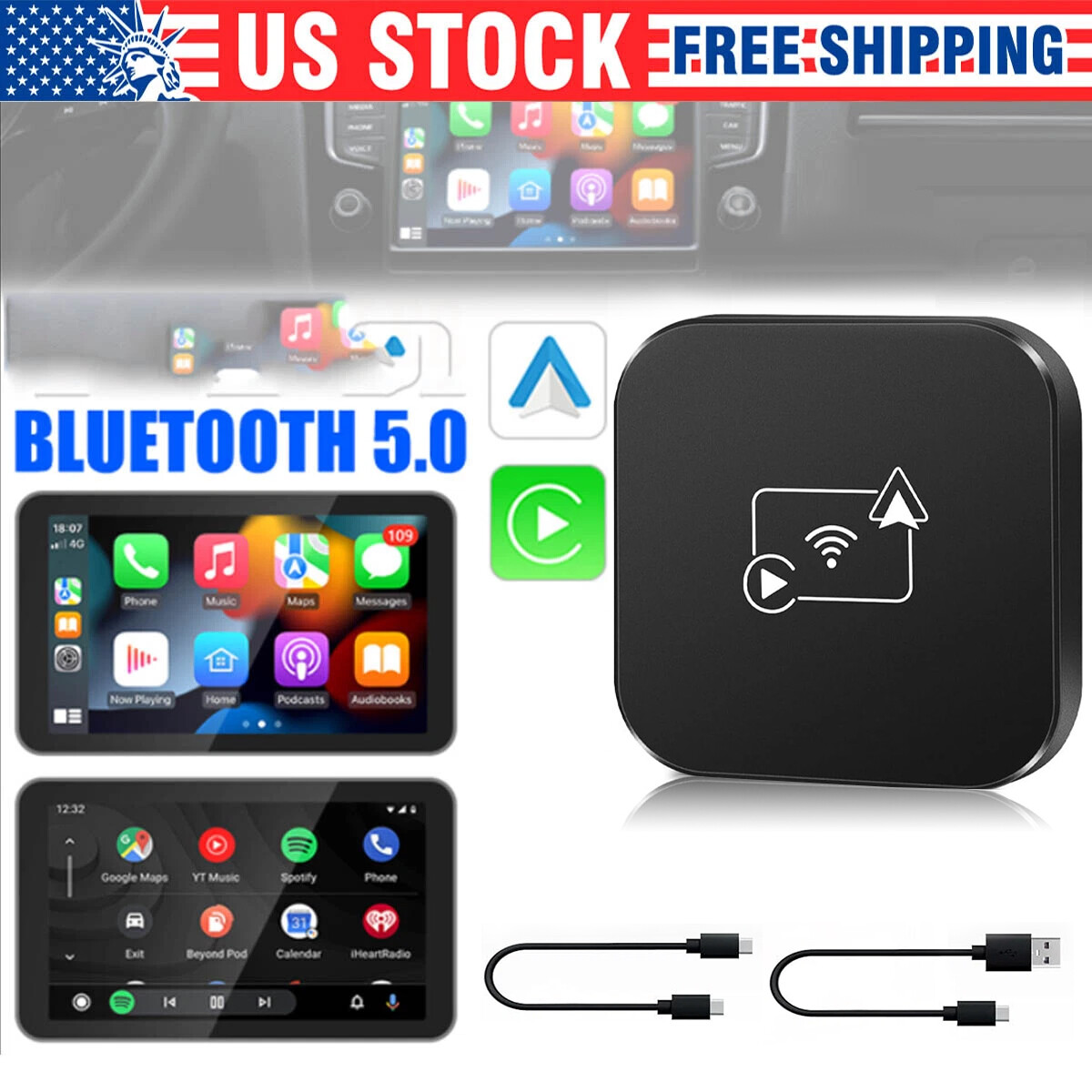 Black Wireless CarPlay AI box Android Auto WIFI Adapter Converter Plug and Play