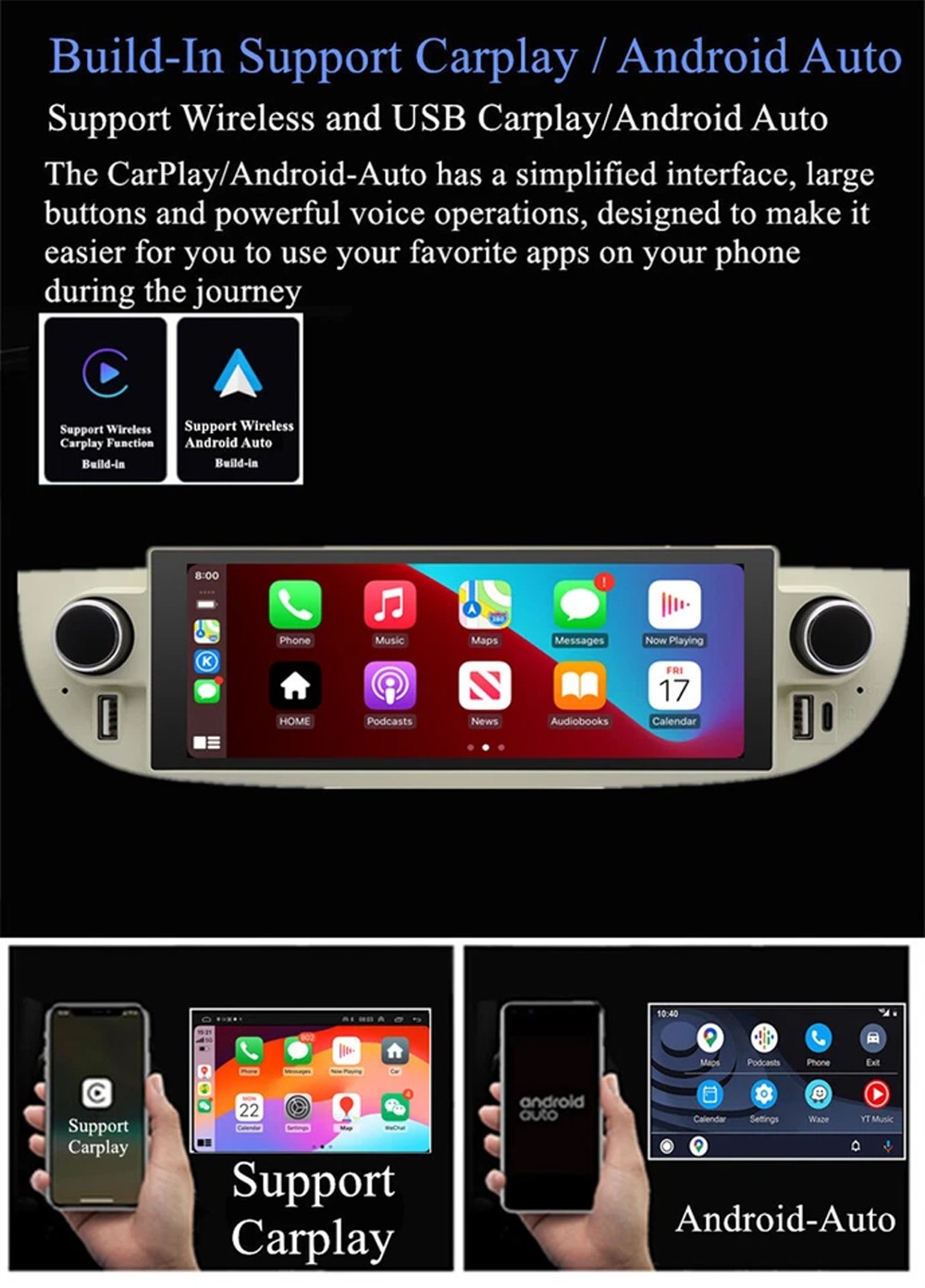32G For Fiat 500 2009-2015 Carplay Android 15 Car Stereo Radio GPS Navi BT +CAM