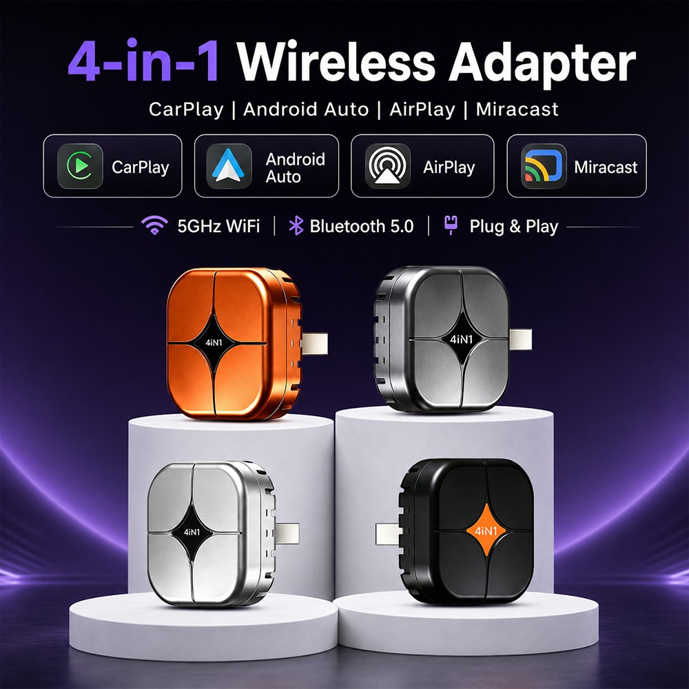 4-in-1 Screen Mirroring Wireless CarPlay Adapter Android Auto AirPlay USB Dongle