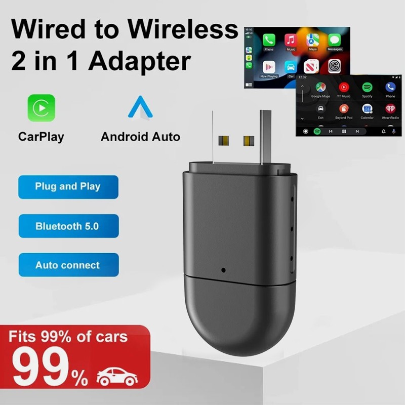 2-in-1 Wireless CarPlay Android Auto Adapter Plug & Play USB for iPhone IOS