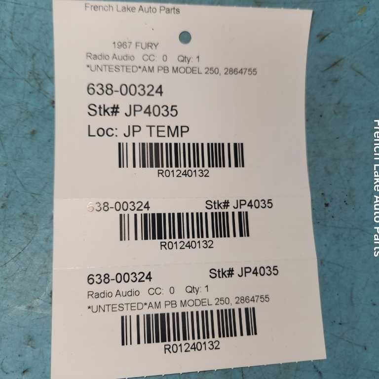 UNTESTED Radio Model 250 “2864755” Fits 1967 PLYMOUTH FURY 1240132