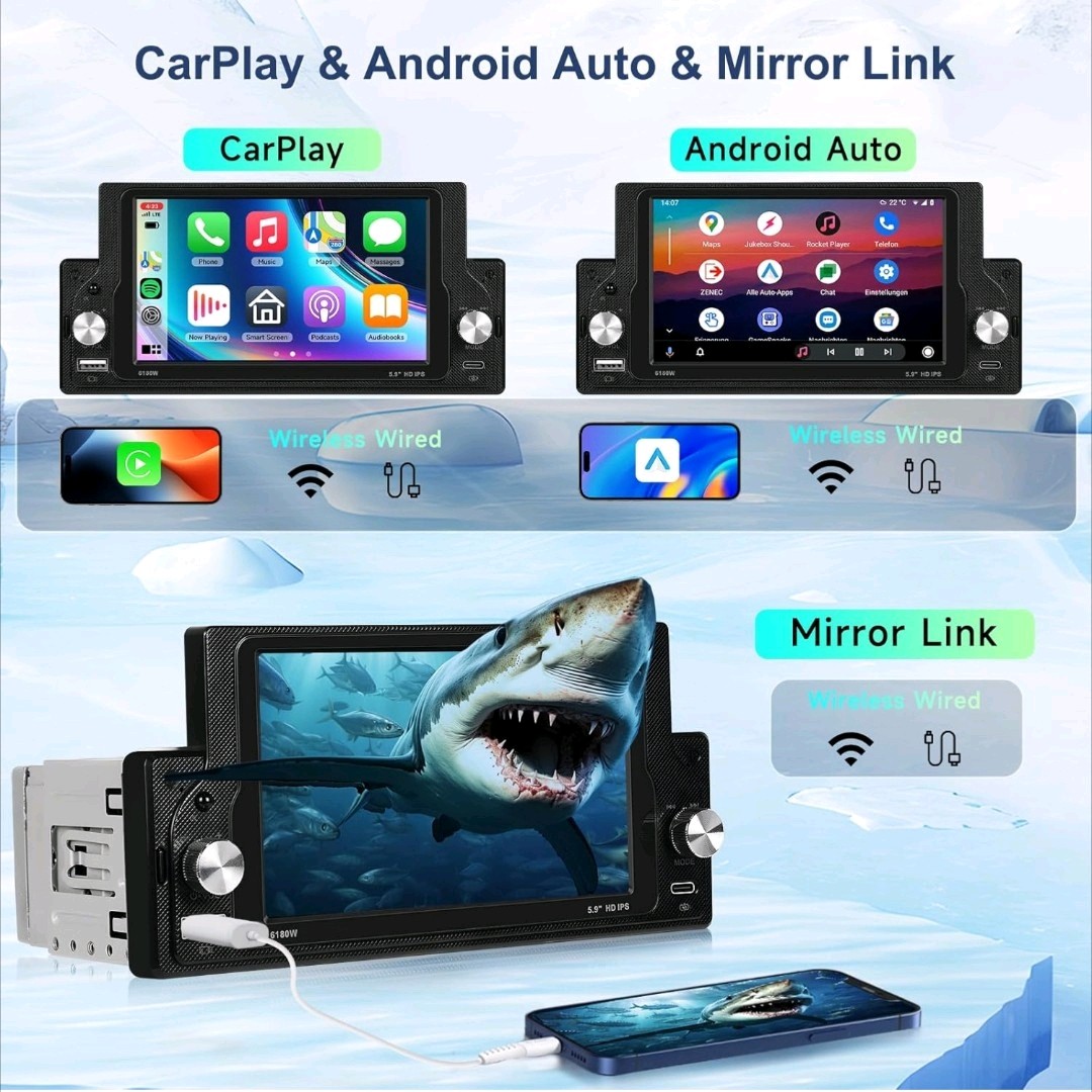Single Din Car Stereo Wireless Carplay Android Auto 5.9 Inch IPS Touch Screen..