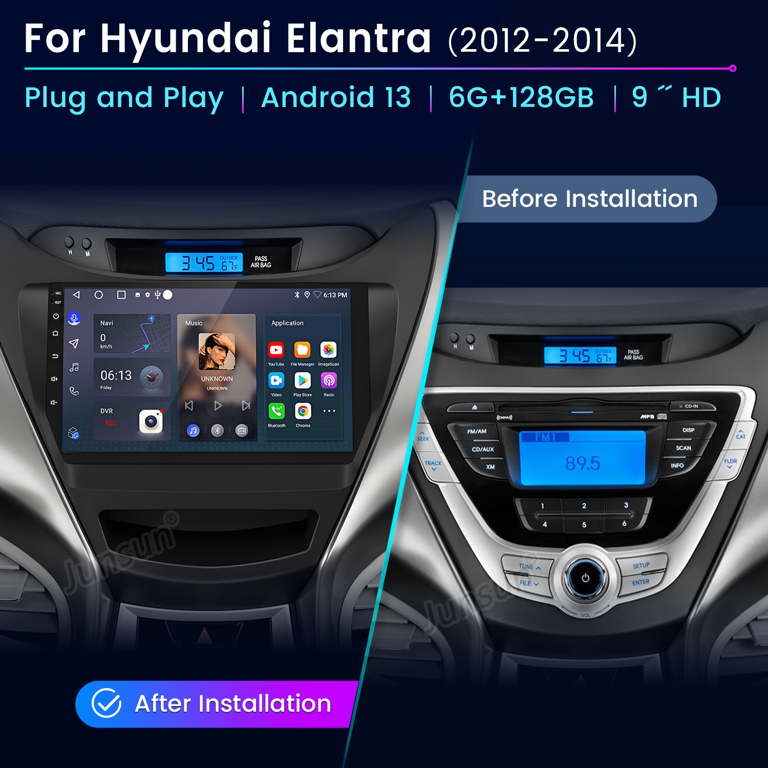 6+128G Carplay Android15 Car Stereo Radio GPS Navi For Hyundai Elantra 2012-2014