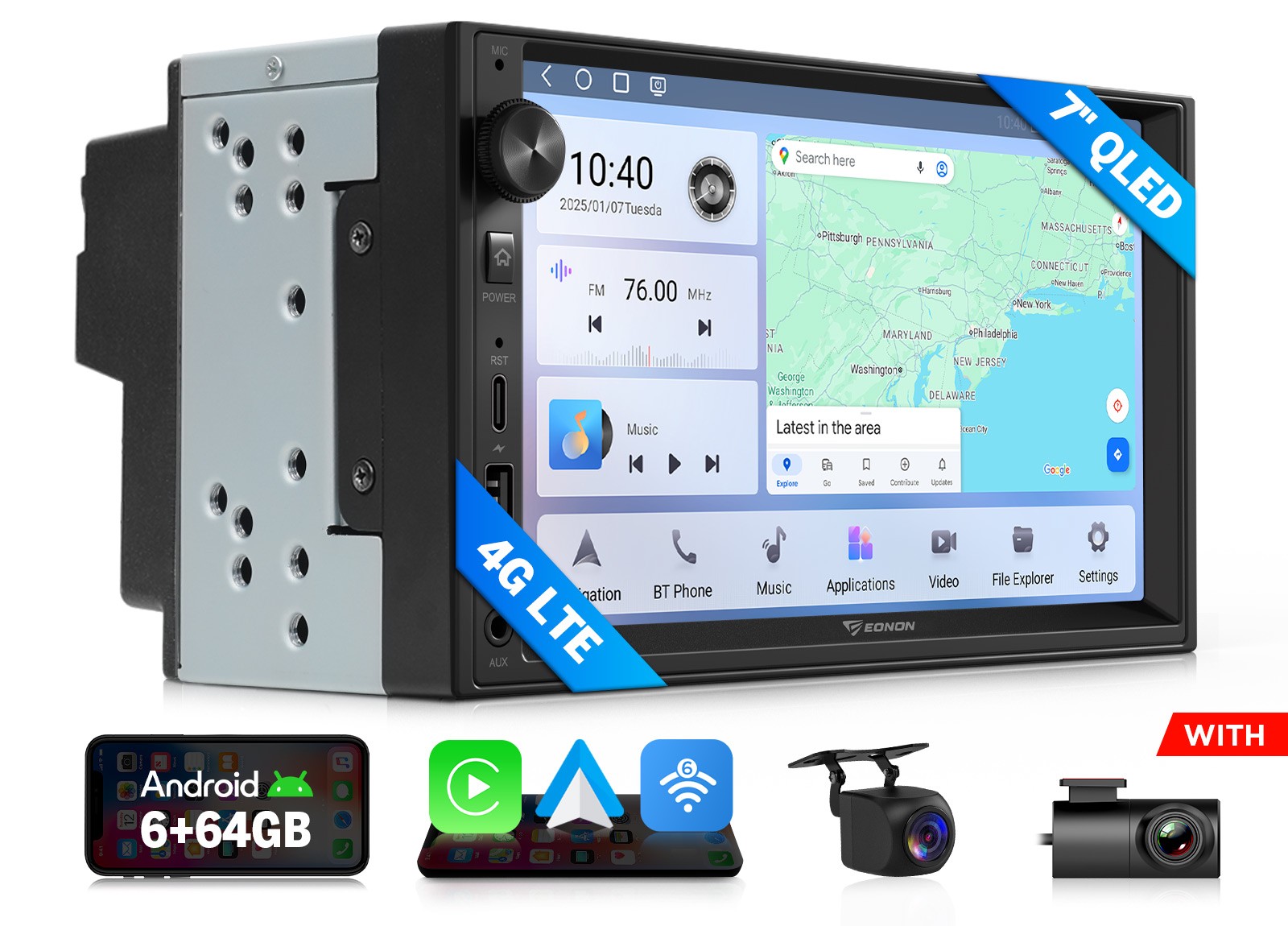 7″ QLED Touch Screen Android 13 6+64 8-Core 2Din Car Stereo CarPlay GPS Radio 4G