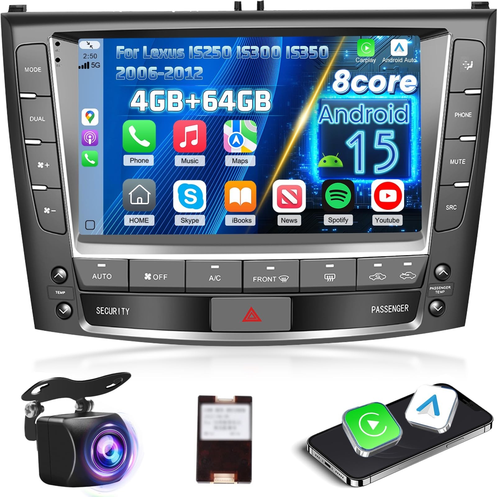 EKAT Android 15 Car Stereo for Lexus IS250 IS300 IS350 2006-2012 4GB+64GB 8-core